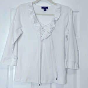 White 3/4 Sleeve Ruffle V-Neck Top